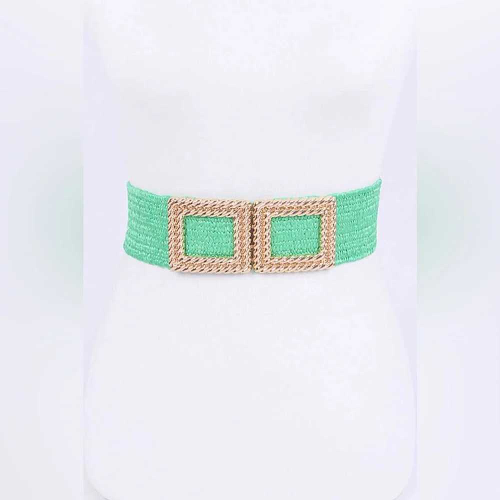 Gold Square Buckle Coated Straw Statement Belt
